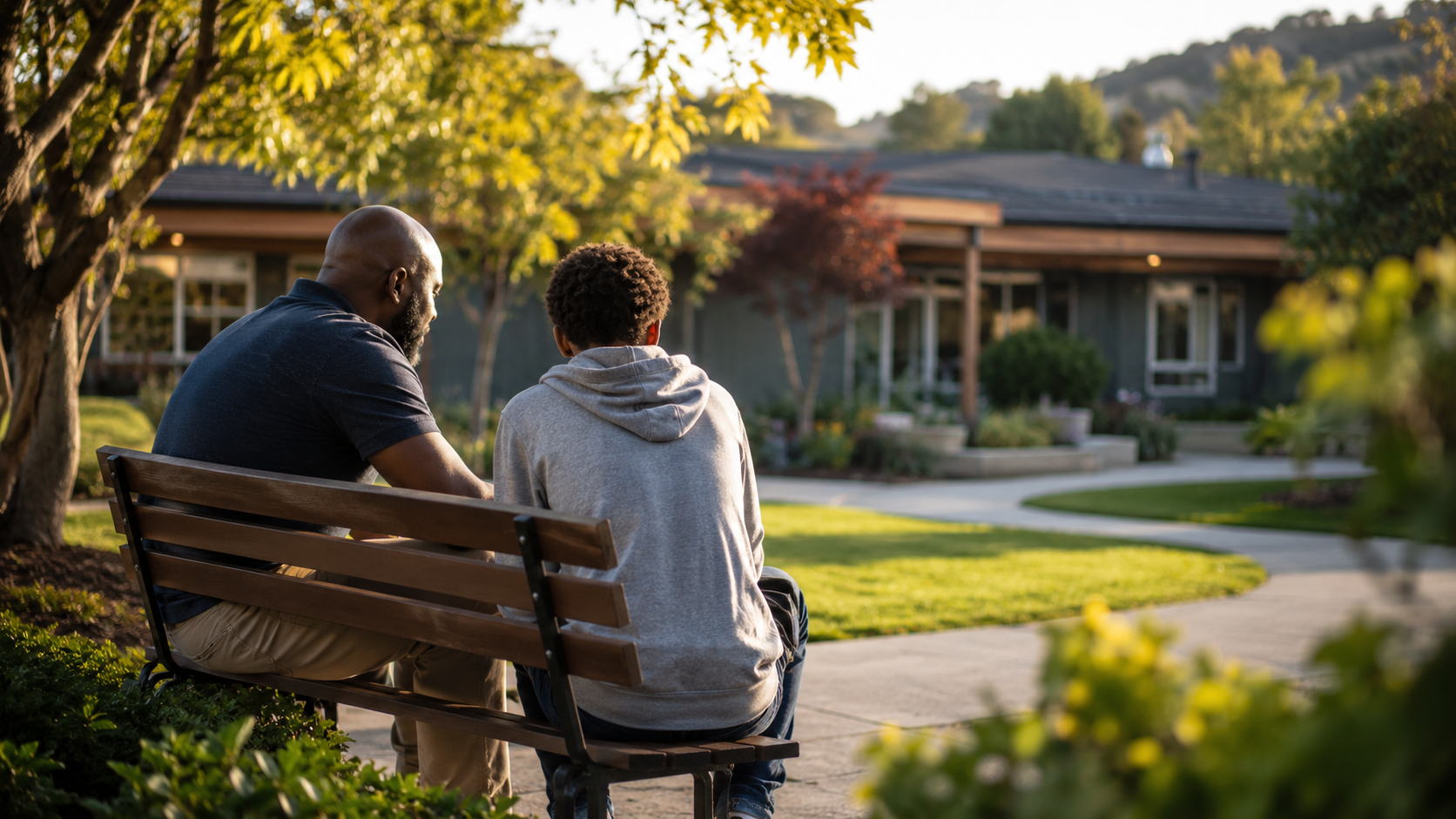A mentor and teen youth talking outdoors at an STRTP facility